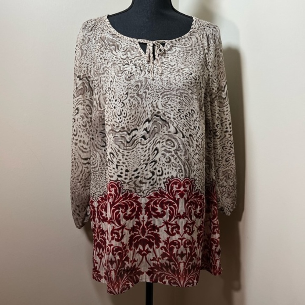 NWOT LIZ CLAIBORNE Sheer Tunic, Size LT (Large Tall), Red/Taupe